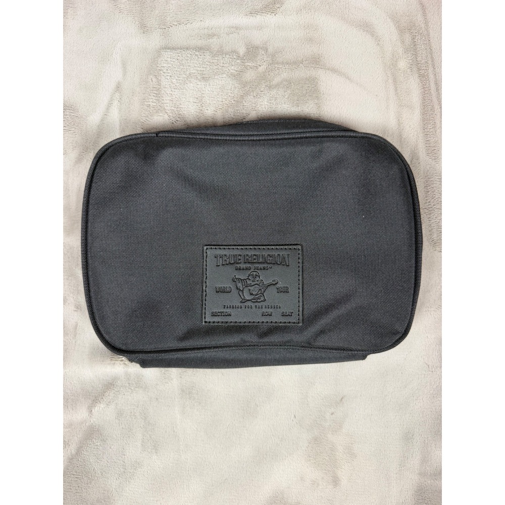 True Religion Black Canvas Travel Toiletry Bag Organizer Buddha Logo Patch
